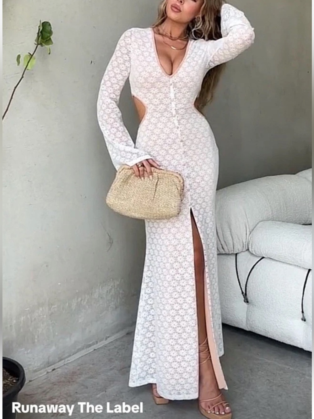 Runway The Label Nisha Maxi Dress 4 White Lace Cutout Bell Sleeve Nude Lined